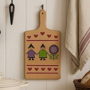 Vintage 60s Wooden Cutting Board Folk Art Dutch Girl Design 14"x7" Kitchen Decor
